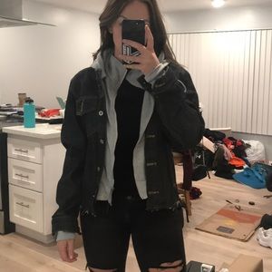 Dark denim jean jacket with built in hoodie